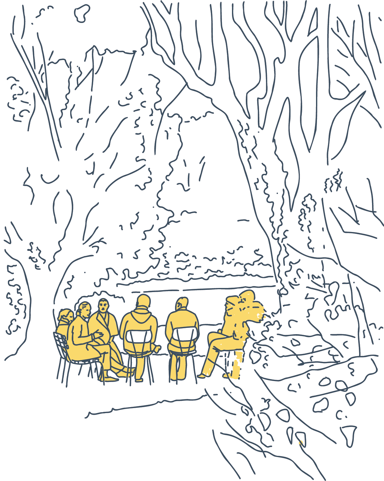 Illustration of a group holding a workshop in a circle under some trees in a garden.